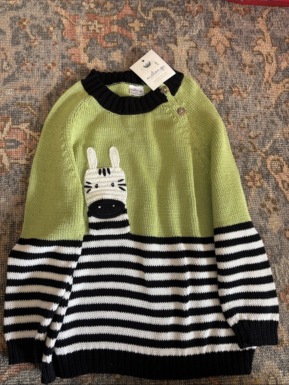 Melange Lime Green and Black Striped Sweater with Zebra Patch